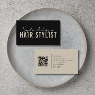 Friseursalon Schwarz und Beige QR-Code Visitenkarte