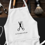 Friseursalon, schwarz und weiß, Name und Logo Schürze<br><div class="desc">Personalisierte Friseursalon-Schürze mit schwarzer Schere und Skriptlogo (Sie können sie durch Ihre eigene ersetzen!) und mit dem Friseur-Namen.</div>