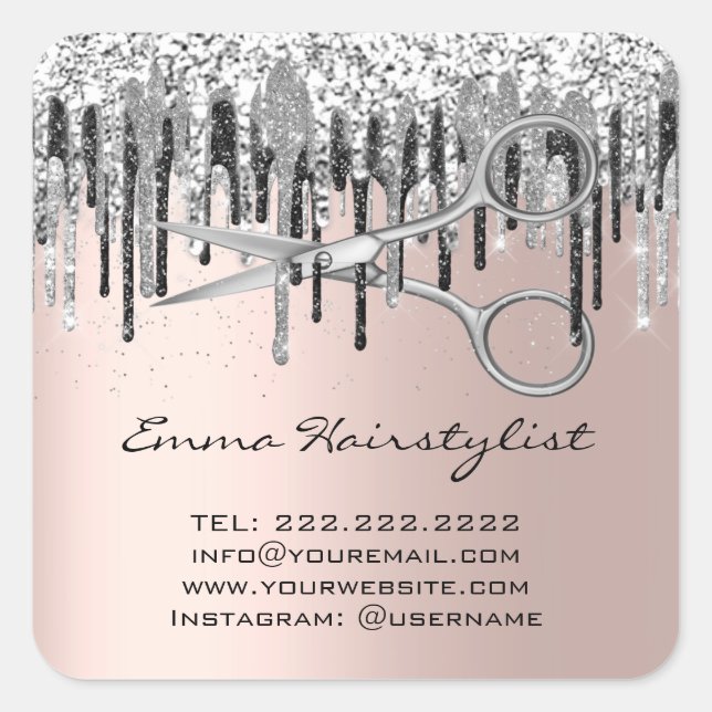 Friseursalon Stylist Scheren Tropfen Glitzer Quadratischer Aufkleber (Vorderseite)