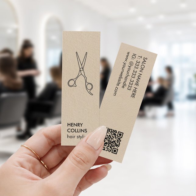 Friseurschere Beige Kraftpapier Qr Code Mini Visitenkarte (Von Creator hochgeladen)
