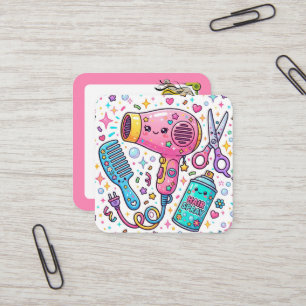 Friseurstyling-Tools im süßen Kawaii-Kunststil Quadratische Visitenkarte
