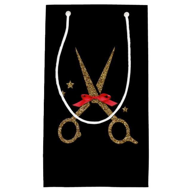 Friseurstylistin, goldene Glitzer-Schere, Geschenk Kleine Geschenktüte (Vorderseite)