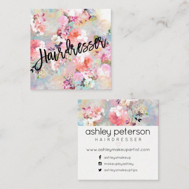 Friseurtypographiemodernes BlumenAquarell Quadratische Visitenkarte (Vorne/Hinten)