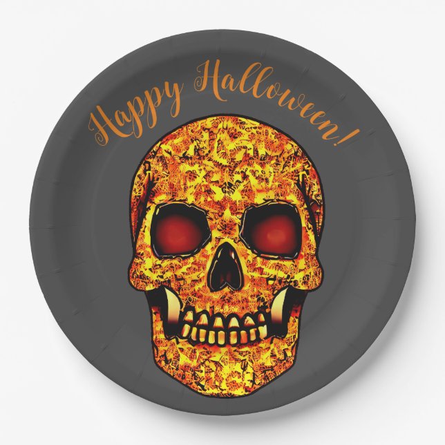 Frisierender Halloweenschädel mit roten Augen Pappteller (Vorderseite)