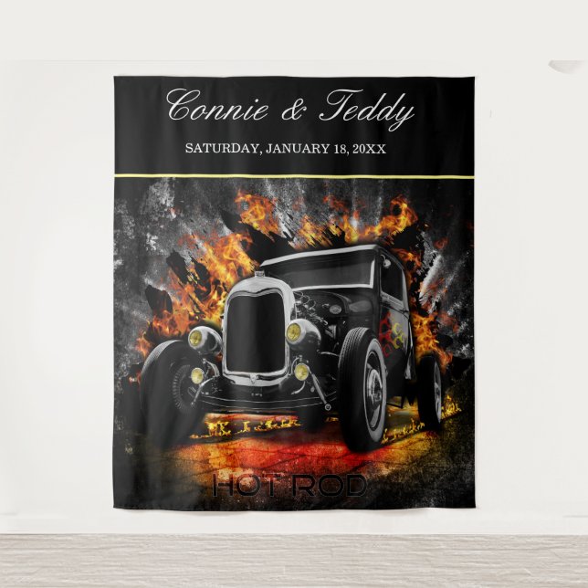 Frisierte Auto Party Feuer Hochzeit Hintergrund Wandteppich (Vorderseite)