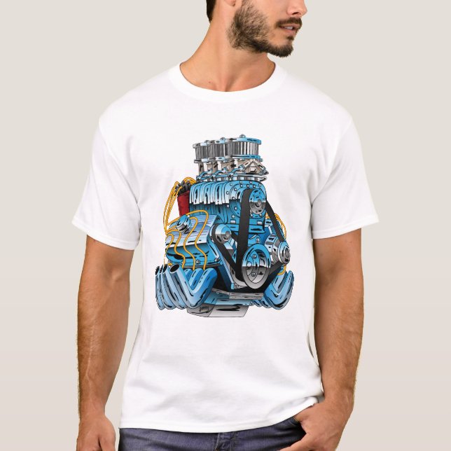 Frisierte Auto Race Car Dragster Motor Cartoon T-Shirt (Vorderseite)