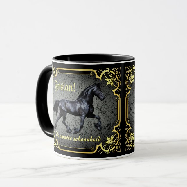 Frisisches Pferd/De zwarte schoonheid/gold/schwarz Tasse (Vorderseite Links)