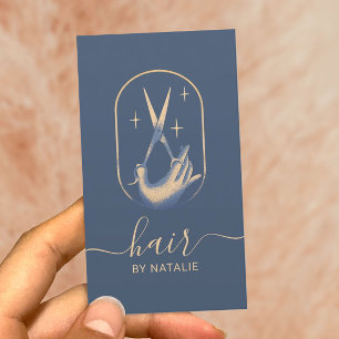 Frisör Schere & Hand Logo Vintage Blau Gold Visitenkarte
