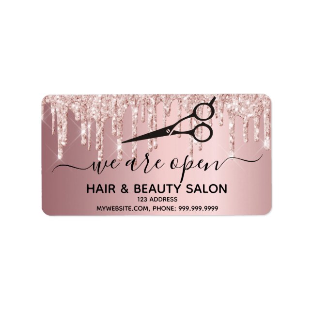 Frisörsalon Rose Gold Glitzer Adressaufkleber (Vorne)