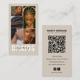 Frisur Flecht Typography 4 Foto QR Code Beige Visitenkarte