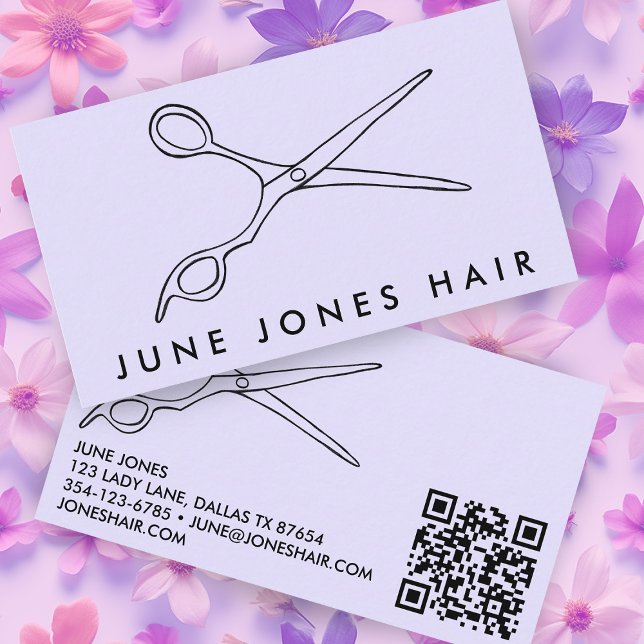 Frisur Stylist Scheren Chic Barber QR Code Lila Visitenkarte (Hair Stylist Scissors Chic Barber QR Code Purple Lavender Pastel Custom  Business Card
)
