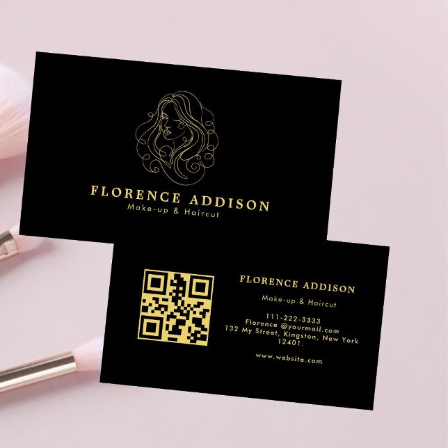 Frisuren-Make-up-Artist Modern Schwarzer QR-Code  Visitenkarte (Von Creator hochgeladen)