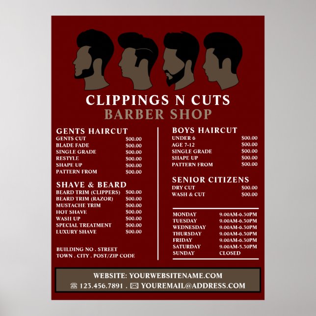 Frisuren, Preisliste für männliche Friseure Poster (Vorne)