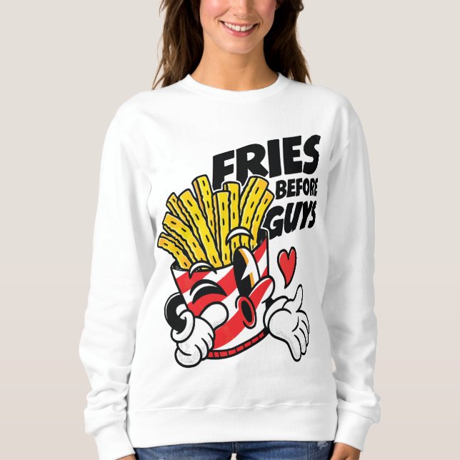 Fritten bevor Jungs – Freche Cartoon-Pommes Frites Sweatshirt (Vorderseite)