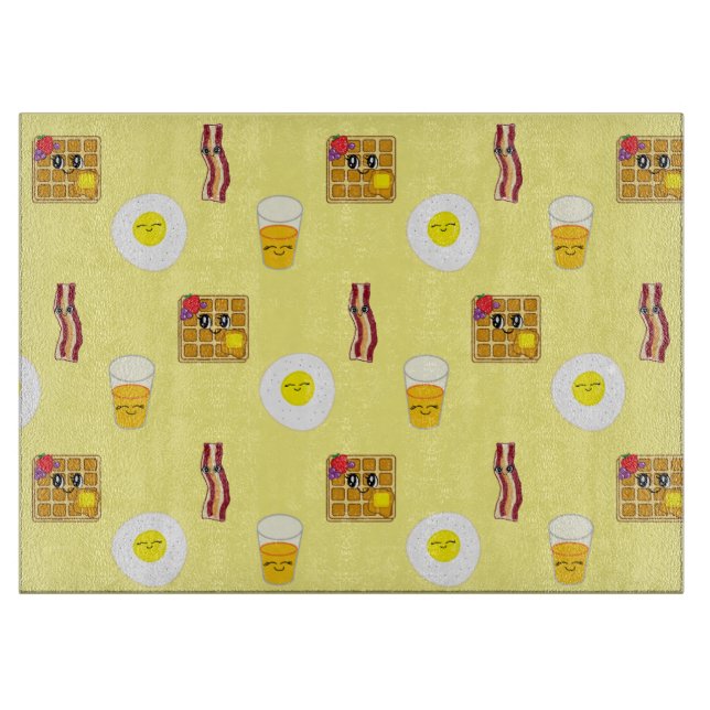 Frittierte Eier, Bacon, Waffeln und Orangensaft Schneidebrett (Vorderseite)