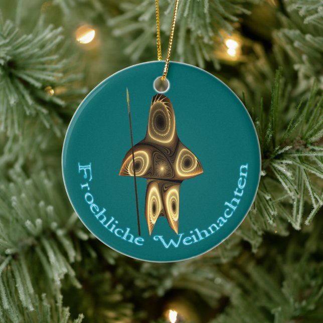 Froehliche Weihnachten - Fraktal Inuit Hunter Keramikornament (Baum)