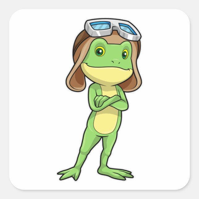 Frog als Pilot mit Hut und Brille Quadratischer Aufkleber (Vorderseite)