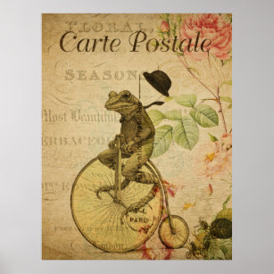 Frog auf dem Fahrrad Vintag Französisches Postkart Poster