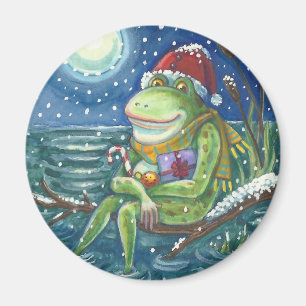 FROG AUF EINEM LOG, URLAUB CHRISTMAS MAGNET RUNDE
