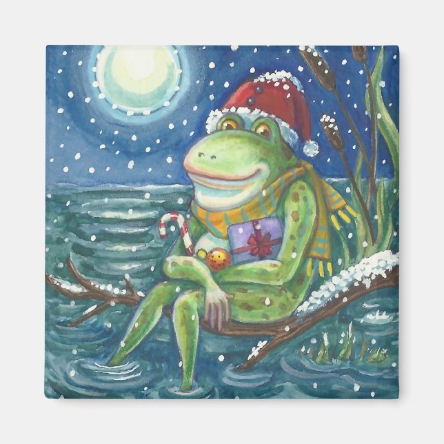 FROG AUF EINEM LOG, URLAUB MERRY CHRISTMAS MAGNET  (Vorne)