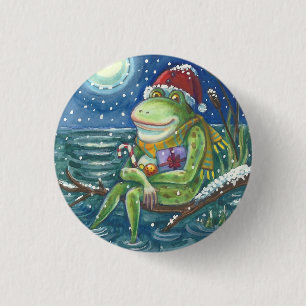 FROG AUF LOG CHRISTMAS HOLIDAY BUTTON Round