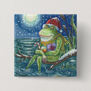 FROG AUF LOG CHRISTMAS HOLIDAY BUTTON Square