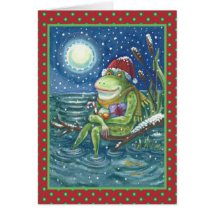 FROG AUF LOG, NIEDLICHE GRÜNE SANTA, KATTAILEN BLA