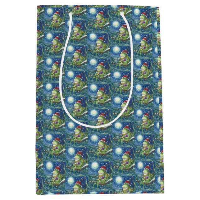 FROG AUF LOG SANTA, CHRISTMAS MEDIUM GIFT BAG MITTLERE GESCHENKTÜTE (Vorderseite)