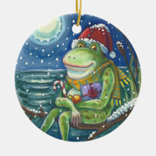 FROG AUF LOG WARMT DAS HERZ, FUNNY, NIEDLICHE WEIH KERAMIK ORNAMENT