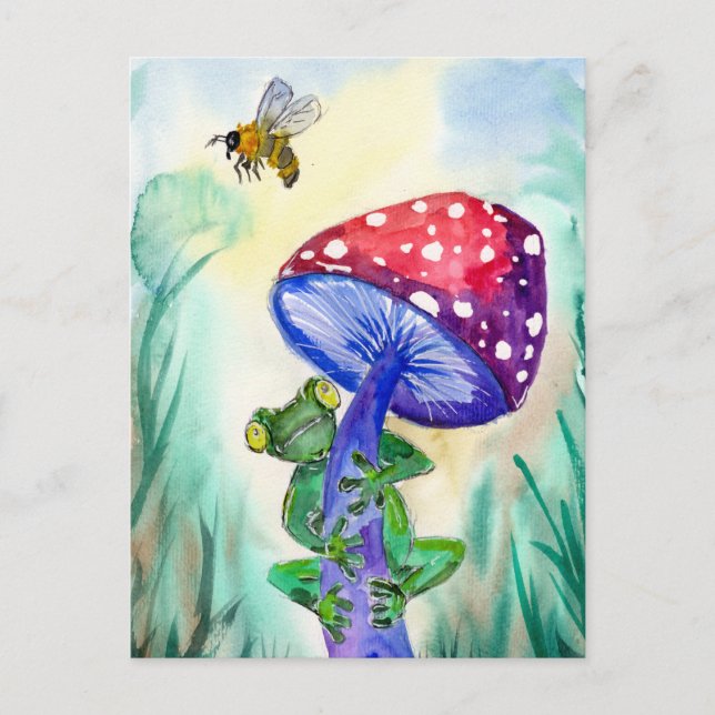 Frog auf Pilz will Biene Postkarte (Vorderseite)