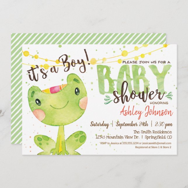 Frog Baby Shower Einladung, Boy Einladung (Vorne/Hinten)