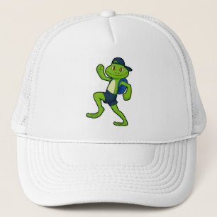 Frog beim Laufen mit Rucksack & Hut Truckerkappe