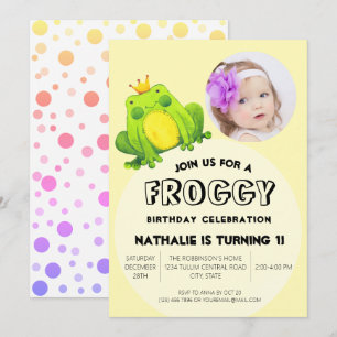 Frog Foto Geburtstag Rosa 1. Party Niedlich Polka  Einladung
