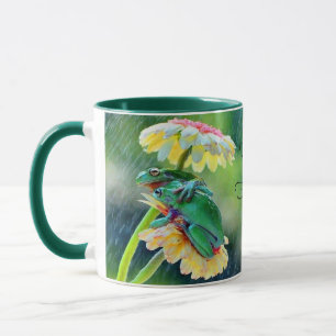 Frog Friends genießen den Regen unter einer Blume Tasse