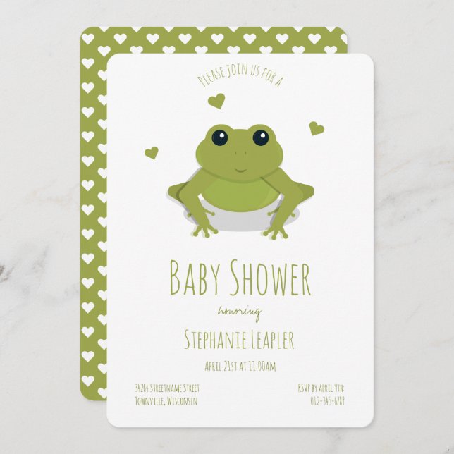 Frog Green Süße Tier Baby Dusche Einladung (Vorne/Hinten)