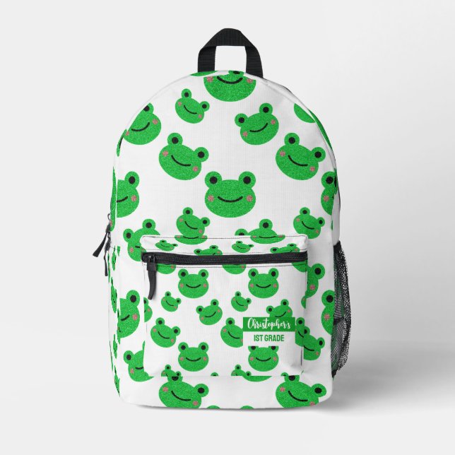 Frog Happy Face Pattern Grün Moderner Niedlicher C Bedruckter Rucksack (Vorderseite)
