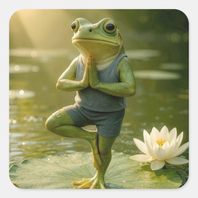 Frog In a Yoga Tree Pose Quadratischer Aufkleber (Vorderseite)