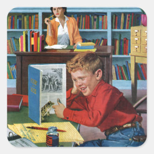 Frog in der Bibliothek Quadratischer Aufkleber