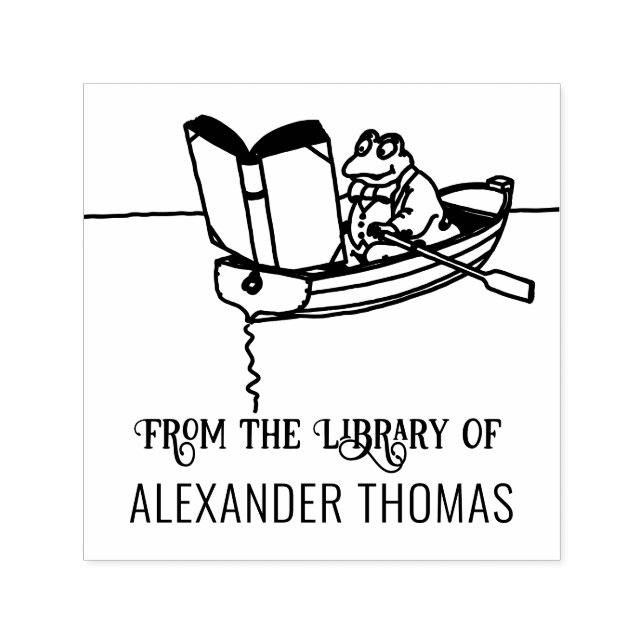 Frog in Row Boat Reading Book Library Name Permastempel (Design)