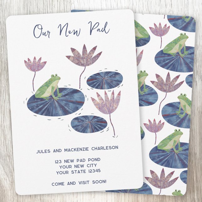 Frog Lily Pad Änderung der Ankündigung (Hand painted frog our new pad custom text moving new home change of address announcement)