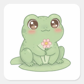 Frog on Lily Pad – Pure Kawaii Joy Quadratischer Aufkleber