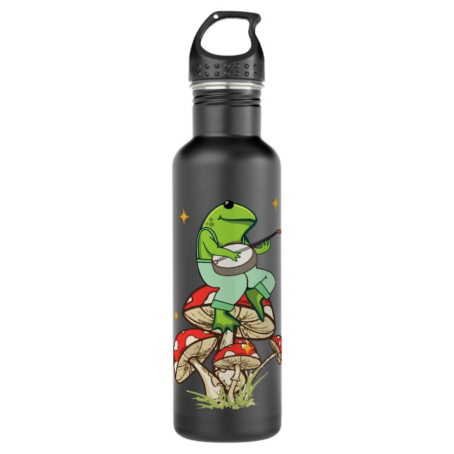 Frog Playing Banjo Pilze Blume Edelstahlflasche (Vorderseite)
