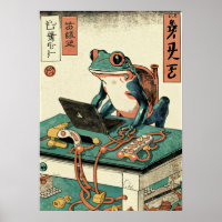 Frog Playing PC Games, Ukiyo-e Frog Art, Frog