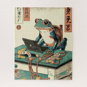 Frog Playing PC Games, Ukiyo-e Frog Art, Frog Puzzle