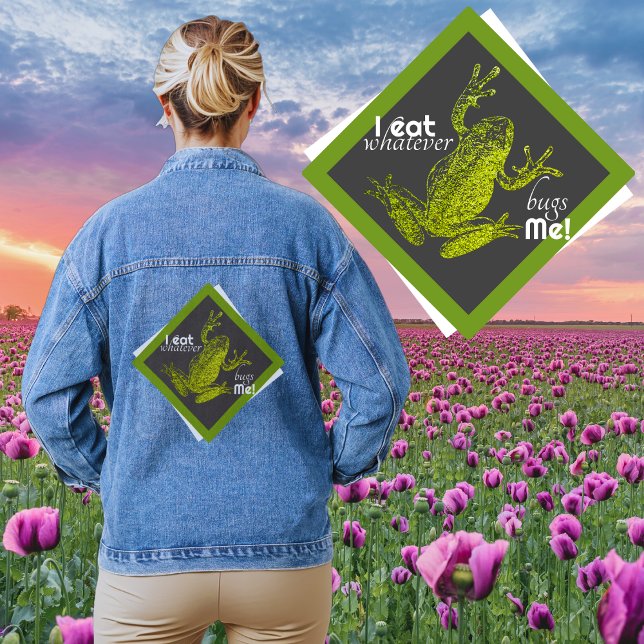 Frog Positivität Denim Jacket Jeansjacke (Woman with a denim jacket. Decoration: a frog silhouette in a diamond frame. I eat whatever bugs me)