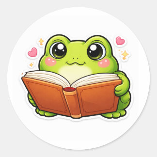 Frog Reading A Book Runder Aufkleber