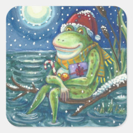FROG SANTA ON LOG, HOLLIDAY CHRISTMAS STICKERS Squ
