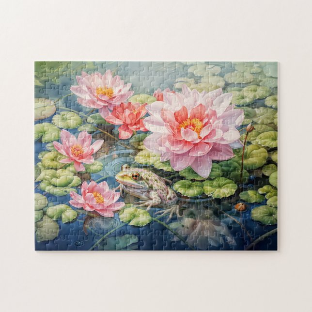 Frog sitting among blooming water lilies puzzle (Horizontal)