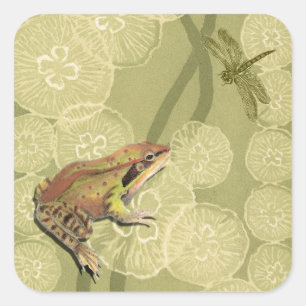Frog und Dragonfly auf Water Lilies Quadratischer Aufkleber