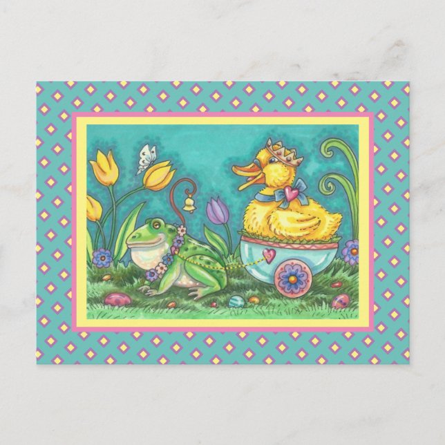 FROG UND ROYAL DUCKLING. WHIMSICAL EASTER POSTCARD POSTKARTE (Vorderseite)